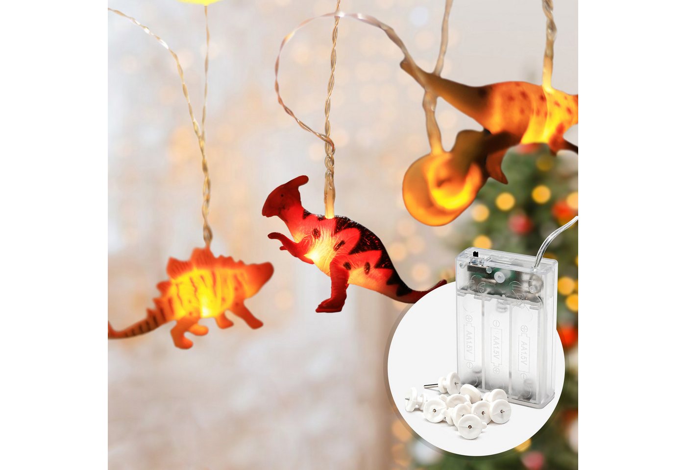 COZY HOME LED-Lichterkette Dino Lichterkette Batterie und Stecker -, 12 LED Figures I Warmweißes LED-Licht I Dino Design I EU-Konformität von COZY HOME