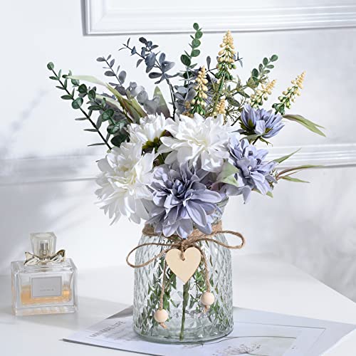 COZZI CODI Gefälschte Blumen mit Vase, künstliche Blaue Blumen in Vase, Seidenblumen-Arrangement mit Vase, geeignet für Zuhause, Büro, Küche, Esszimmer, Tischdekoration, weiß blau von COZZI CODI