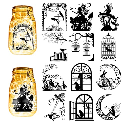 CREATCABIN 12 Stück Feen-Silhouetten,Einmachglas-Dekor,Engel,Laterne,Laserausschnitte,Ornamente,Vogel,Kaninchen,Katze,Sammelalbum Für Milchglas,Wand,Fenster,Autos,DIY Schwarz,10x9cm(Ohne Aufkleber) von CREATCABIN