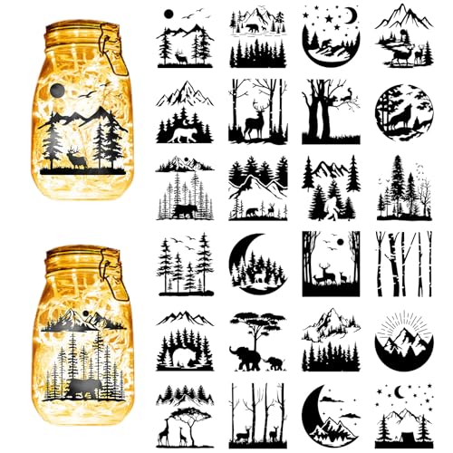 CREATCABIN 24 Stück Wald-Silhouetten,Einmachglas-Dekor,Berglaterne,Laserausschnitte,Ornamente,Tiere,Sammelalbum Für Milchglas,Wand,Fenster,Autos,DIY,Basteln,Weihnachten,Schwarz,10x9cm(Ohne Aufkleber) von CREATCABIN