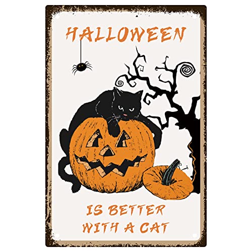 CREATCABIN Blechschild Metall Halloween Lustig Aufhängen Wandkunst Dekoration Schwarze Katze Spinne Kürbis Retro-Malerei Schilder Zitaten Für Zuhause Schlafzimmer Wohnzimmer Büro Café Pub 20x30cm von CREATCABIN