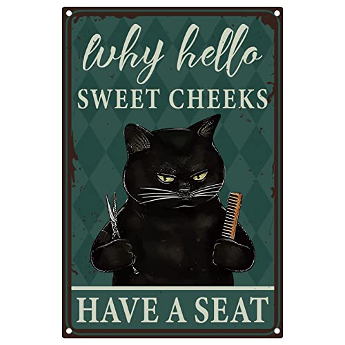 CREATCABIN Cat Barber Metallblechschild Sweet Cheeks Have A Seat Vintage-Blechschild Lustiges Hängendes Poster Dekoration Für Barbershop Badezimmer Küche Café Hausbar Wohnzimmer Weihnachten 20x30cm von CREATCABIN