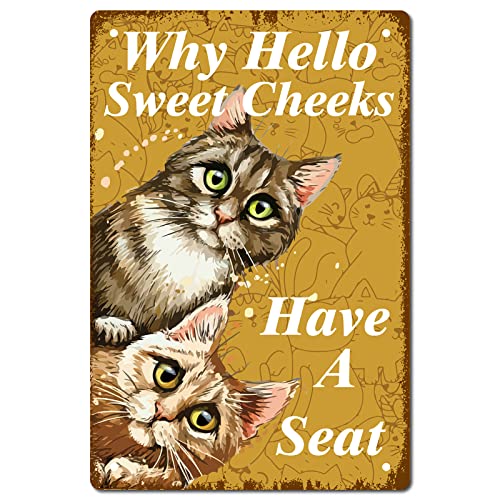 CREATCABIN Cat Why Hello Sweet Cheeks Schild Vintage Blechschilder Lustiges Metallblechschild Wandkunst Gartenhaus Plakette Für Badezimmer Küche Café Wand Halloween Weihnachtsdekoration, 30x20cm von CREATCABIN