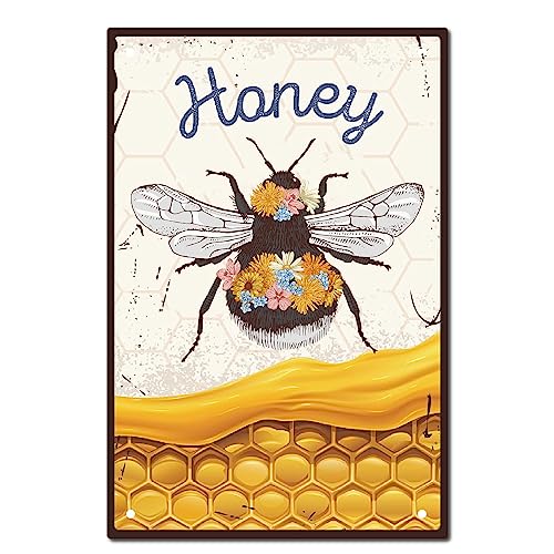 CREATCABIN Honey Bee Blechschild Vintage Metallschilder Malerei Retro Sommer Frühling Plakette Poster Wandkunst Plakette Für Garten Veranda Badezimmer Küche Café Halloween Weihnachten Dekor 20x30cm von CREATCABIN