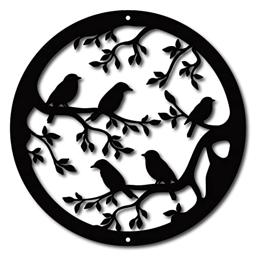 CREATCABIN Vögel Metall Wandkunst Runder Baum Vogel Zweige Barsch Wandschilder Schwarz Hängen Für Weihnachten Halloween Dekoration Indoor Outdoor Garten Ästhetische Schlafzimmer 12x12inch von CREATCABIN