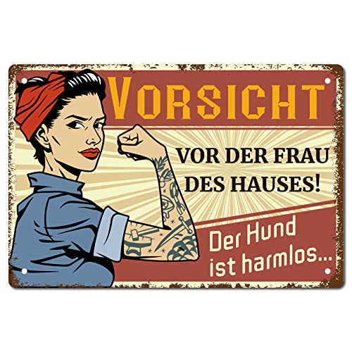 CREATCABIN Vorsicht Vor Der Frau Des Hauses Schild Vintage Blechschilder Lustiges Metallblechschild Wandkunst Gartenhaus Plaque Für Mann Frau Küche Café Wand Halloween Weihnachtsdekoration 12 x 8 Zoll von CREATCABIN