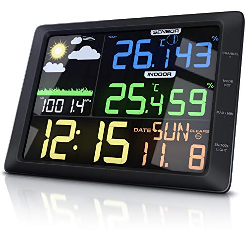 CSL - Wetterstation mit Farbdisplay und Außensensor, 20 cm LCD Farbdisplay - Luftdruck Barometer Temperatur Wettervorhersage Frostalarm Datum Uhrzeit - Wecker mit Schlummerfunktion von CSL-Computer