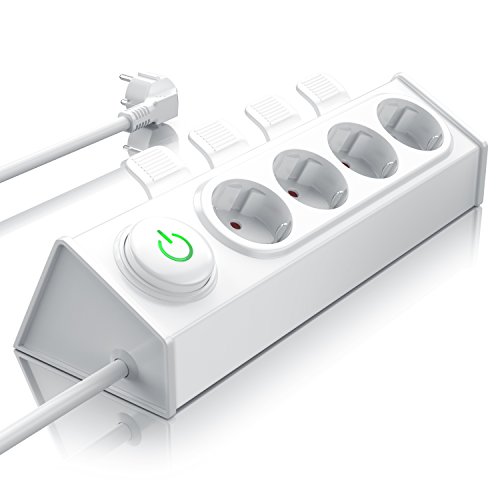 Steckdosenleiste 4-Fach Mehrfachsteckdose mit Auswurfautomatik zum einfachen Austecken von Steckern per Fuß oder Hand Steckerleiste für Wandmontage Mehrfachstecker mit Energiespar Schalter Weiß von CSL-Computer