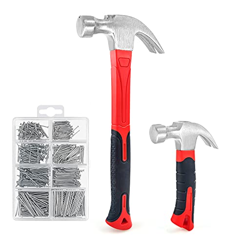 C&T 2-teiliges Hammer-Set, 227 g Kurzhammer, mit magnetischem Nagelstarter, Allzweck-Klauenhammer und 560-teiliges Hardware-Nagel-Sortiment, weicher rutschfester Griff und hitzebehandelter Kopf von C&T