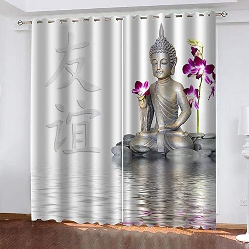 CTQTZ Buddhismus Kinder Blickdichte Vorhänge Buddha-Figur Verdunkelungsvorhänge Mit Ösen 140x160 cm (BreitexHöhe) 2er Set Gardinen für Dekoration Kinderzimmer von CTQTZ