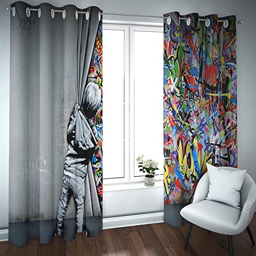 CTQTZ Graffiti Blickdichter Vorhänge Mit Ösen Farbe Kleiner Junge Verdunkelungsvorhänge Mit Ösen 150x166 cm (BreitexHöhe) 2er Set Gardinen für Dekoration Kinderzimmer von CTQTZ