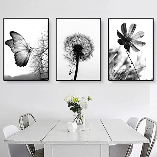 CULASIGN 3er Poster Set,Schwarz Weiß Schmetterlinge, Blumen und Löwenzahn, Moderne Bilder Set, Wandbilder OHNE Rahmen, Home Deko für Schlafzimmer und Wohnzimmer (A,50x70cm) von CULASIGN