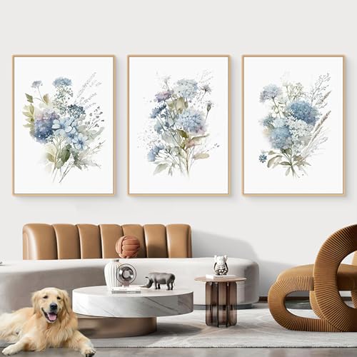 CULASIGN 3er Set Blumen Poster, Blau Blumen Leinwandbilder, Ohne Rahmen Wandbilder, Modern Boho Bilder Wanddeko (50x70cm) von CULASIGN