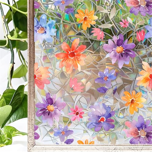 CULASIGN Prisma Fensteraufkleber Bunte Blumen, Frühling Pflanzen Fensterbilder Fensterfolie Anti-Kollisions, Doppelseitig Selbstklebend Aufkleber Glas Fensterdeko (30 x 30 cm) von CULASIGN