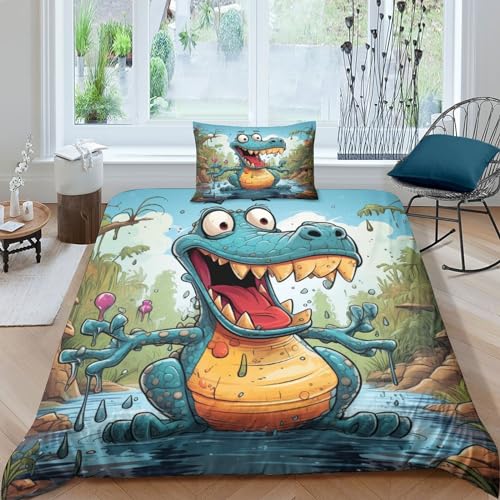 CULPRT Karikatur-Krokodil Bettwäsche Set Bettbezug 3D Bedruckte Betten Für Kinder Jungen Mädchen Thema Raumdekor Kuschelig 2 Teiliges Sets Single（135x200cm） von CULPRT