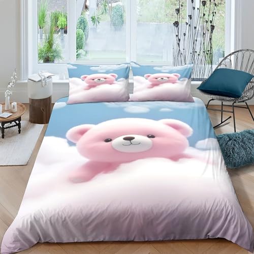 CULPRT Rosa Teddybär Betten Set Kinder 3D Bettbezug Set Gedruckt Bettwäsche Set Für Mikrofaser Kinder Jungen Mädchen Weich Haltbar Atmungsaktive Double（200x200cm） von CULPRT