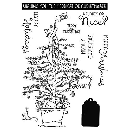 Katzen Mäuse Label Topfpflanzen Weihnachtsbaum mit Glöckchen Geschenkbox Merry Christmas Stanzformen und Stempel für Kartenherstellung DIY Scrapbooking Metall-Stanzformen Match Gummi Klar von CYFUN DESIGN