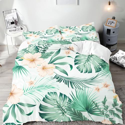 CYSYLQW Bettwäsche 135x200 Tropische Blätter Grün Weiß Palmenblätter Blumen Pflanzen Bettwäsche Set, 3D Drucken Pflanzen Tropische Monstera-Blätter Bettbezug Set (140 x 210 cm,5) von CYSYLQW