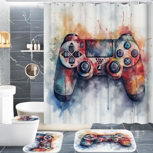 CYSYLQW Gaming Duschvorhang 180x200 Gamer Gaming Textil Gamepad Duschvorhänge Set Polyester Game Shower Curtain Badezimmerteppich 4-teiliges Set (120 x 200 cm(BxH),2) von CYSYLQW