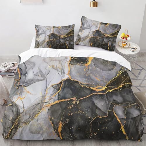 CYSYLQW Marmor Bettwäsche 135x200 Marmor Marmoriert Grau Gold Schwarz Bettwäsche Set Weiche Microfaser Modern Bettbezug Marmor mit Kissenbezug (135 x 200 cm,8) von CYSYLQW