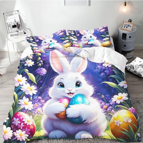 CYSYLQW Ostern Hasen Blumen Bettwäsche 135x200 cm Ostereier Ostern Bettwäsche-Sets Ostereierhase Bettbezug Microfaser 3D mit Reißverschluss und 2 Kissenbezug (140 x 210 cm,1) von CYSYLQW