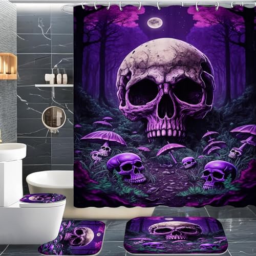 CYSYLQW Totenkopf Duschvorhang 180 x 200 180 x 180 Totenkopf Blumen Gothic Duschvorhänge Polyeste Skull Halloween Skelett Duschvorhang Badezimmermatte 4-teiliges Set (180 x 180 cm(BxH),3) von CYSYLQW