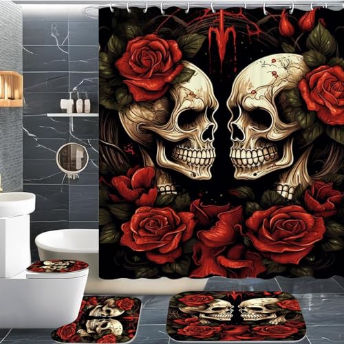 CYSYLQW Totenkopf Duschvorhang 180 x 200 180 x 180 Totenkopf Blumen Gothic Duschvorhänge Polyeste Skull Halloween Skelett Duschvorhang Badezimmermatte 4-teiliges Set (200 x 200 cm(BxH),4) von CYSYLQW