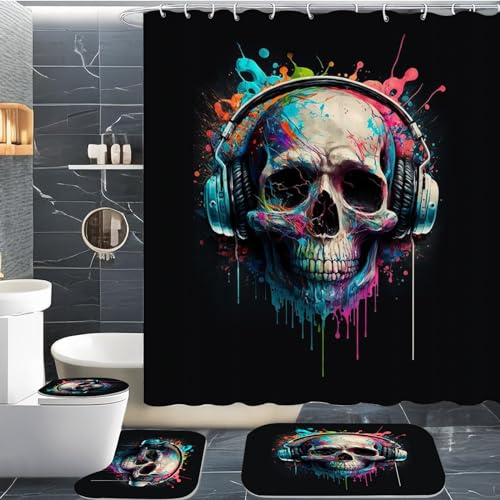 CYSYLQW Totenkopf Duschvorhang 180 x 200 180 x 180 Totenkopf Blumen Gothic Duschvorhänge Polyeste Skull Halloween Skelett Duschvorhang Badezimmermatte 4-teiliges Set (200 x 200 cm(BxH),5) von CYSYLQW