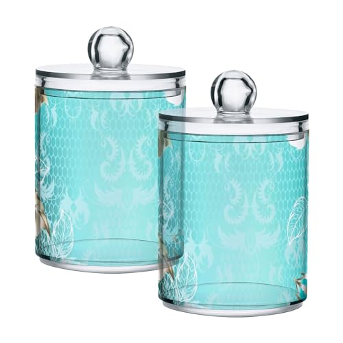 2 Stück Spitze Türkis Rosen Blume Floral Teal Qtip Halter Spender für Wattebällchen, Wattestäbchen, Wattestäbchen, Zahnseide-Picker – Kunststoff-Apothekerglas-Set für Badezimmer, Behälter, von Caihoyu