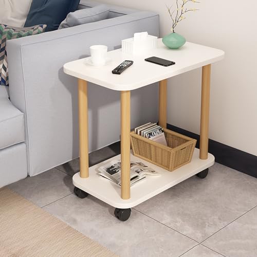 Calager Beistelltisch,2-stöckige Ablagen, schmaler Nachttisch mit 4 Rollen, Abnehmbarer, schmaler Snack-Couchtisch aus massivem Holz, moderner Sofatisch für Schlafzimmer, Wohnzimmer (Weiß) von Calager