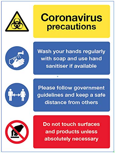 Coronavirus Hinweisschild – Hände waschen, einen sicheren Abstand, vermeiden Berührung von Oberflächen, halbstarres PVC-Schild (250 x 300 mm) von Caledonia Signs