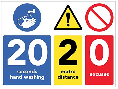 Covid 2020 Schild – 20 Seconds Hand waschen, 2 m Entfernung, 0 Ausreden von Caledonia Signs