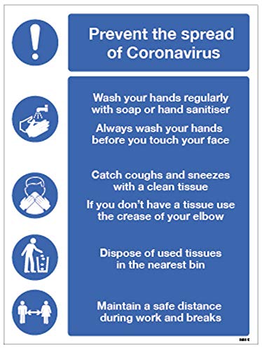 Schild mit Aufschrift „Prevent the spread of coronavirus“ – Hände waschen, Taschentücher verwenden, Mülleimer verwenden, sicherer Abstand. halbstarres PVC-Schild (300 x 400 mm) von Caledonia Signs