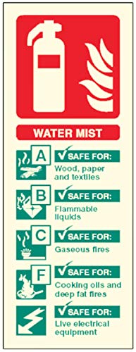 Selbstklebendes Schild mit Aufschrift"Water Mist Extinguisher", nachleuchtend von Caledonia Signs