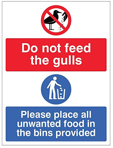 Selbstklebendes Vinyl-Schild mit Aufschrift"Do not feed the gulls Place all unwanted food in the bins" von Caledonia Signs