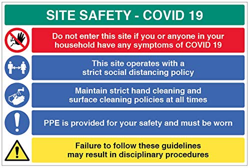 Site Safety COVID19 – „This site operating a strict Social Distancing Police“, „Hand Cleaning Police“, großes halbstarres PVC-Schild (900 x 600 mm) von Caledonia Signs
