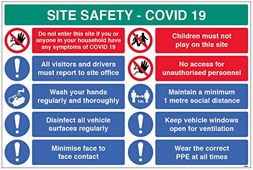 Site Safety COVID19 – Report to Office, Hände waschen, Oberflächen desinfizieren, Kontakt von Gesicht zu Gesicht, 1 m langes PVC-Schild (900 x 600 mm) von Caledonia Signs