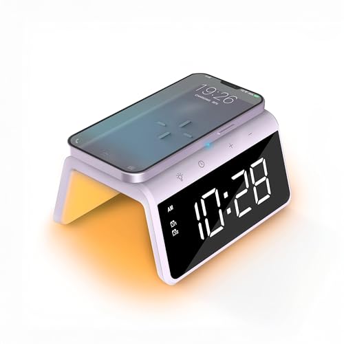 Caliber Wecker mit Ladestation - Wecker Digital mit Wake Up Light - Wecker mit Licht - Dimmbarer LED-Anzeige - Lila - 140 x 100 x 75 mm von Caliber