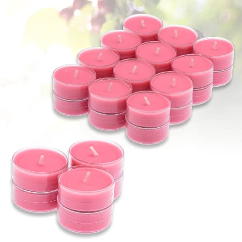 Candelo 24er Set Duft Kerzen - Duftteelichter Wildkirsche - Teelicht in Kunststoff Hülle je 1,7 x 3,8cm - 4 Std Brenndauer – Teelichter in Rosa von Candelo