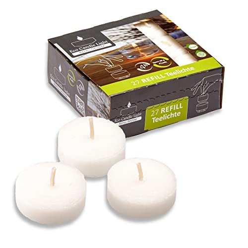 Candelo 27er Set Eco Refill Kerzen Ambiente - plastikfreie Teelichter Weiß - Wachsrohlinge ohne Hülle zum Nachfüllen - ohne Duft - 4 Std. Brenndauer von Candelo