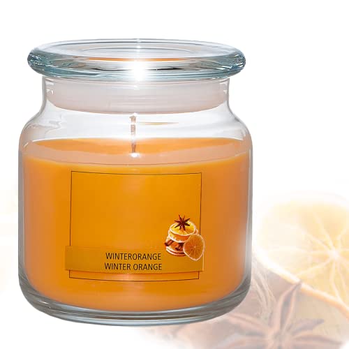 Candelo Hochwertige Duftkerze im Glas mit Deckel Ambiente – Winterorange Duft Kerze – 10 x10cm - 55 Std Brenndauer – Windlicht – XXL Glaskerze Orange von Candelo