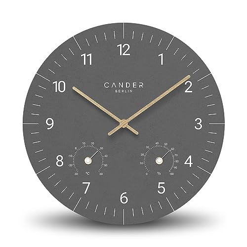 Cander Berlin MNU 2630 R Wanduhr MDF lautlos ohne Ticken 30 cm Temperatur Luftfeuchtigkeit analog grau anthrazit Holzzeiger von Cander Berlin