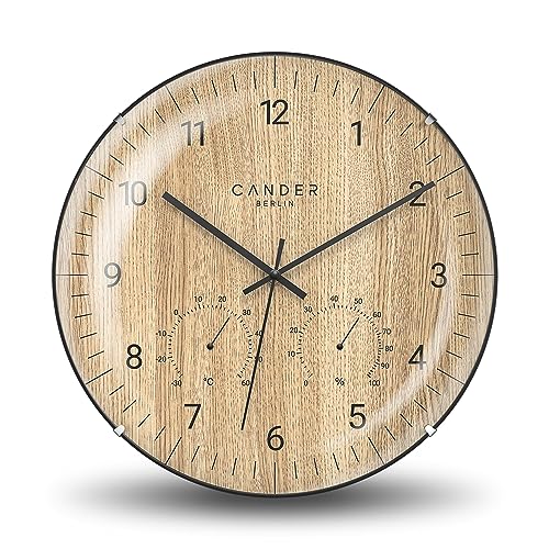 Cander Berlin MNU 2730 X Wanduhr Holz lautlos 30 cm Temperatur Luftfeuchtigkeit modern Eichenfurnier ohne Tickgeräusche analog von Cander Berlin