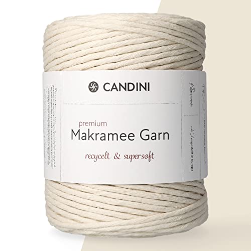 Candini Premium Makramee Garn Natur, 4mm x 200m, 100% recycelte Baumwolle, gezwirnt Single-Twisted, Baumwollgarn für Macrame in Creme, beige, Ivory von Candini
