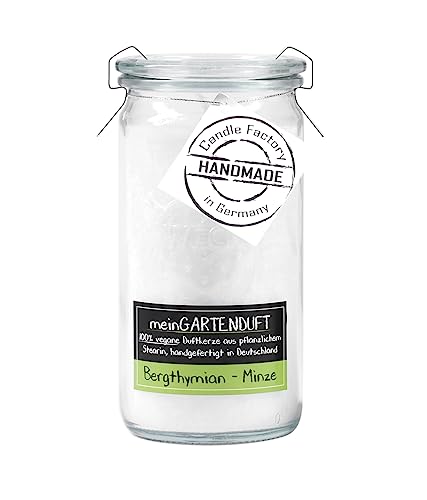 Candle Factory meinGARTENDUFT vegane Duftkerzen aus pflanzlichem Stearin im hitzebeständigen Glas der Marke Weck®, ca. 70h Brennzeit, Duft: Bergthymian - Minze von Candle Factory