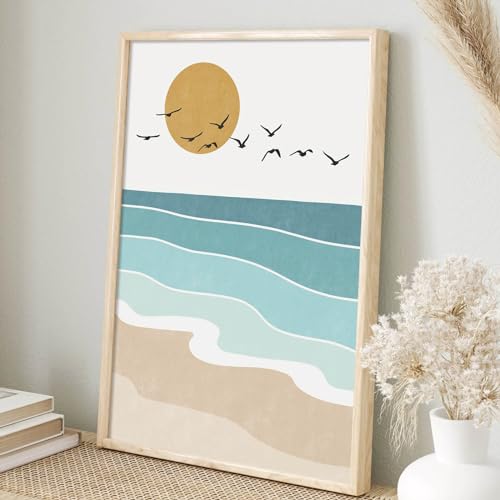 Boho Sonne Leinwand Wandkunst Abstrakt Blau Meer Sonnenuntergang und Sonnenaufgang Bild Abstrakt Strand Wandkunst Drucke Strand Wellen Und Vogel Wandkunst Abstrakte Ozeanwellen Poster Boho von Canrvasvibe