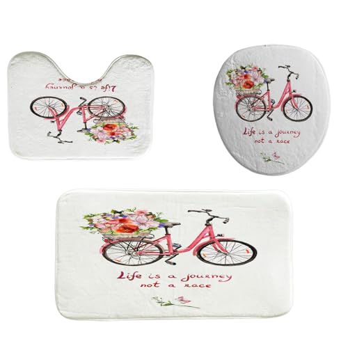 CAPSCEOLL Badezimmerteppich-Set aus Memory-Schaum, 3-teilig, rosa Fahrrad mit Blumen, rutschfest, extra weich, saugfähig, waschbar und trocken, WC-Vorleger-Set, Badezimmerteppiche für Badezimmer, von Capsceoll