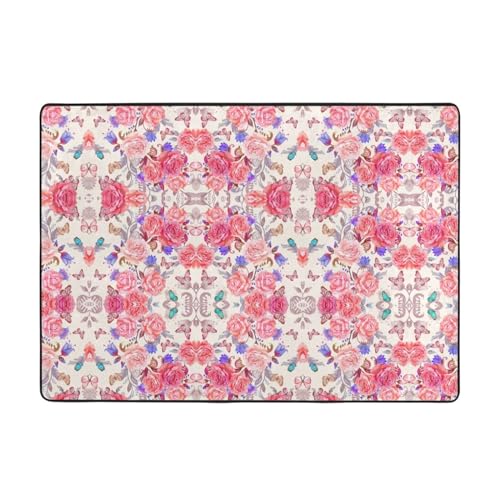 Blumen-Rosen-Schmetterling-Teppich, 203 x 147 cm, bedruckter Teppich, weicher Flanellstoff, geeignet für verschiedene Umgebungen von CarXs