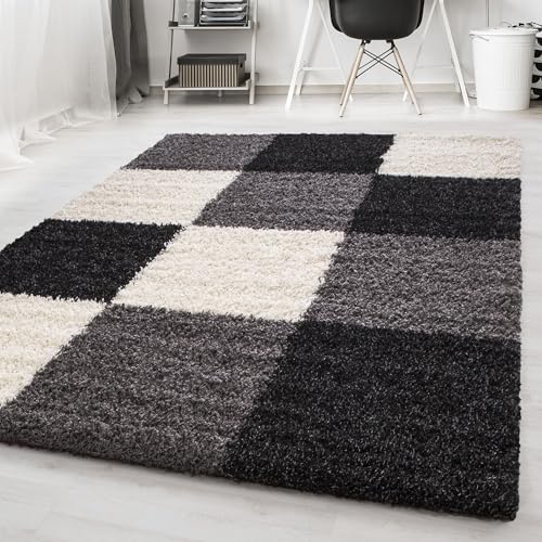 Carpetsale24 Teppich Wohnzimmer Shaggy Moderne 3 Farbig Schwarz - Grau - Weiß 80 x 150 cm - Hochflor Teppich Schlafzimmer Karo Muster Extra Weich und Pflegeleicht - Langflor Teppich Flauschig Läufer von Carpetsale24