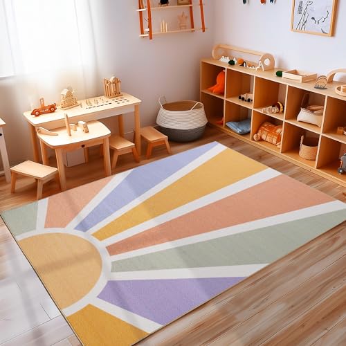 Teppich Kinderzimmer Multicolor Mädchen & Junge Flauschiger Kinderteppich Waschbar Weich Spielteppich Läufer Flur Carpet Teppich rutschfest Sonnenmuster, 100 x 150 cm von Carpettex Teppich